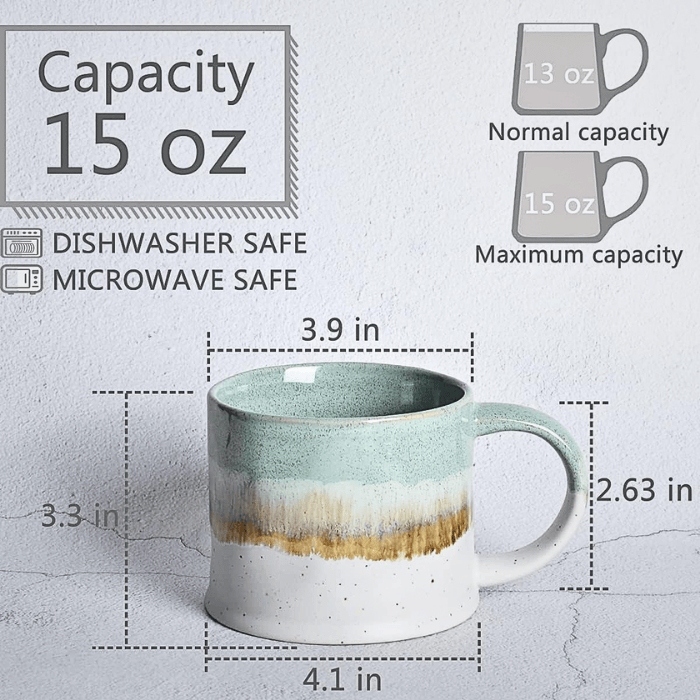 15 oz Stoneware Tea Cups with C-Handle Set of 2