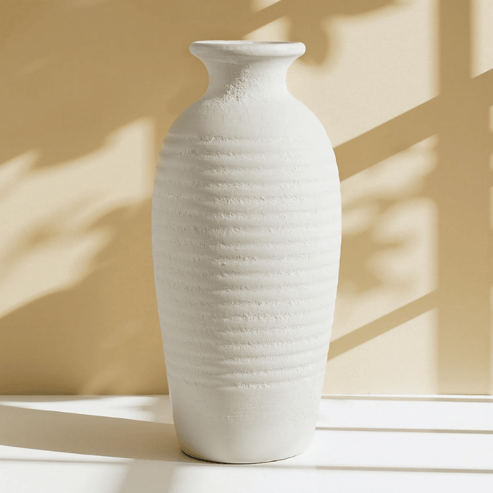 Rustic Threaded White Ceramic Vase – 14.4" Tall Handmade Decorative Flower Vase