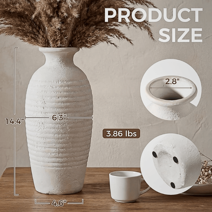 Rustic Threaded White Ceramic Vase – 14.4" Tall Handmade Decorative Flower Vase