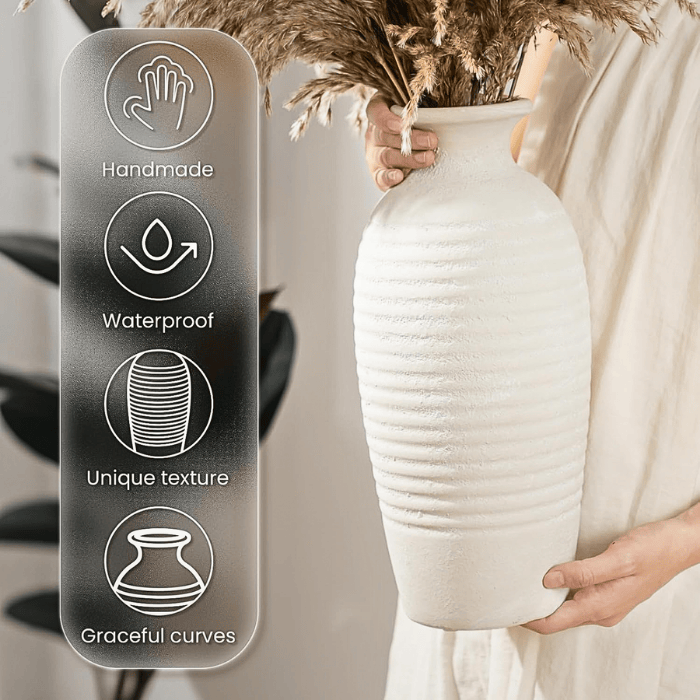 Rustic Threaded White Ceramic Vase – 14.4" Tall Handmade Decorative Flower Vase