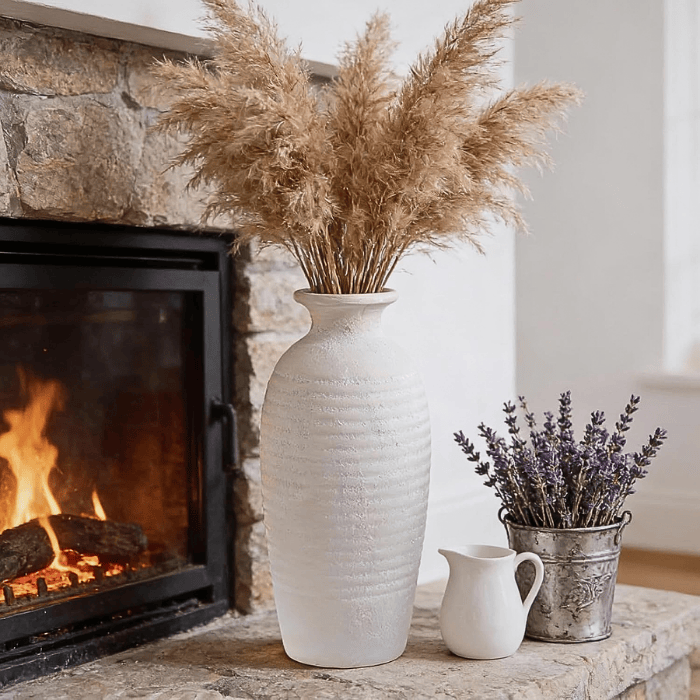 Rustic Threaded White Ceramic Vase – 14.4" Tall Handmade Decorative Flower Vase