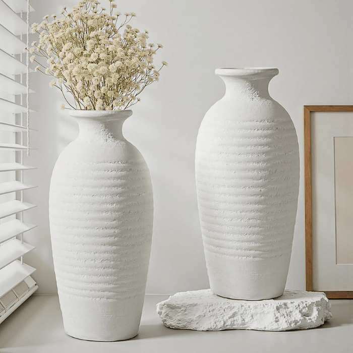 Rustic Threaded White Ceramic Vase – 14.4" Tall Handmade Decorative Flower Vase