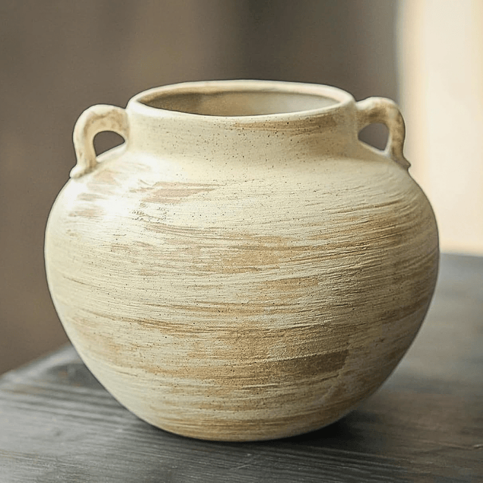 Handmade Beige White Two-Handle Ceramic Vase